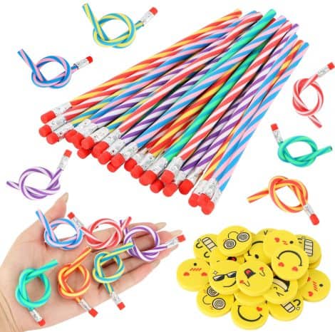 Kit de 48 lápices y goma de borrar flexibles, 24 lápices flexibles y 24 gomas de emoticonos sonrientes, ideal para niños, fiestas y regalos pequeños.