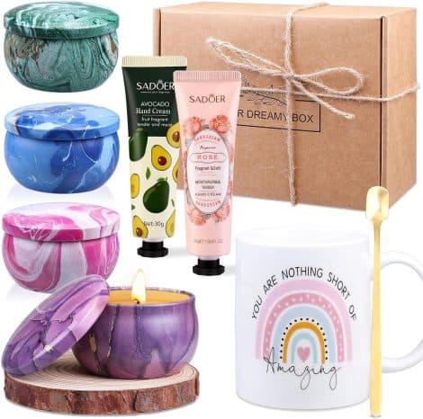 Set de regalo con velas aromáticas, taza de café, crema de manos, perfecto para mujeres: novia, mamá, hermana, esposa, hija.