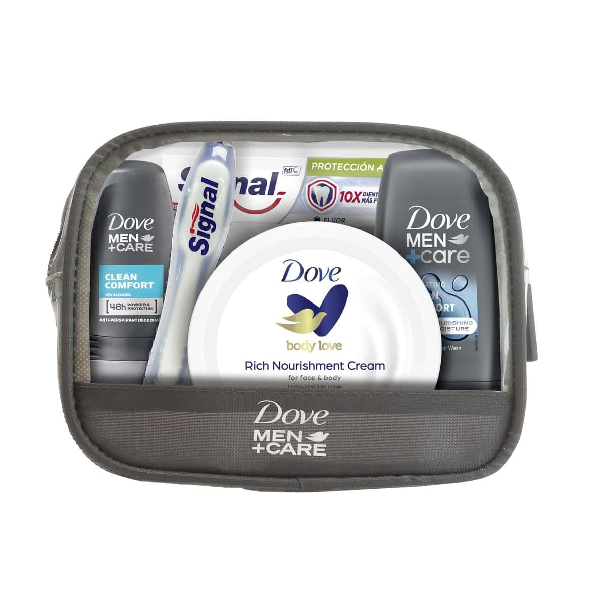 Dove Men +Care Neceser Mini de Viaje para Hombre, Gel Ducha 50 ml, Desodorante Roll On 50 ml, Crema 75 ml, Pasta de Dientes Signal White Now y Cepillo de Dientes Signal