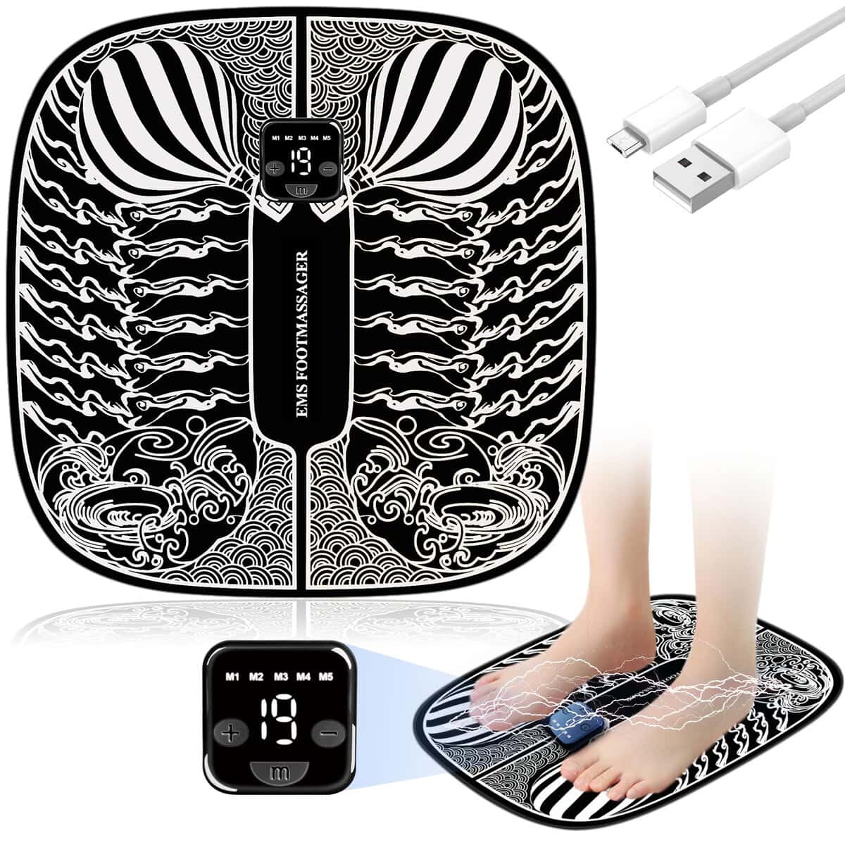 Masajeador de Pies Eléctrico, 6 Modos 19 Niveles de Intensidad Foot Massager, Masajeador de Pies Eléctrico, USB Recargable Masajeador Pies para Circulación Sanguínea y Alivio del Dolor Muscular