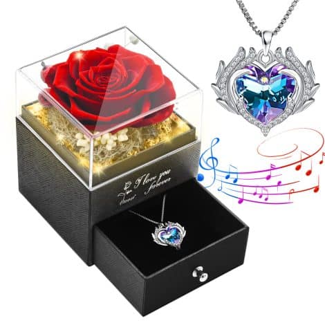 Rosa Eterna Preservada con Collar, Regalo para San Valentín, Cumpleaños, Día de la Madre, Aniversario, Navidad. Ideal para Mamá, Pareja o Abuela