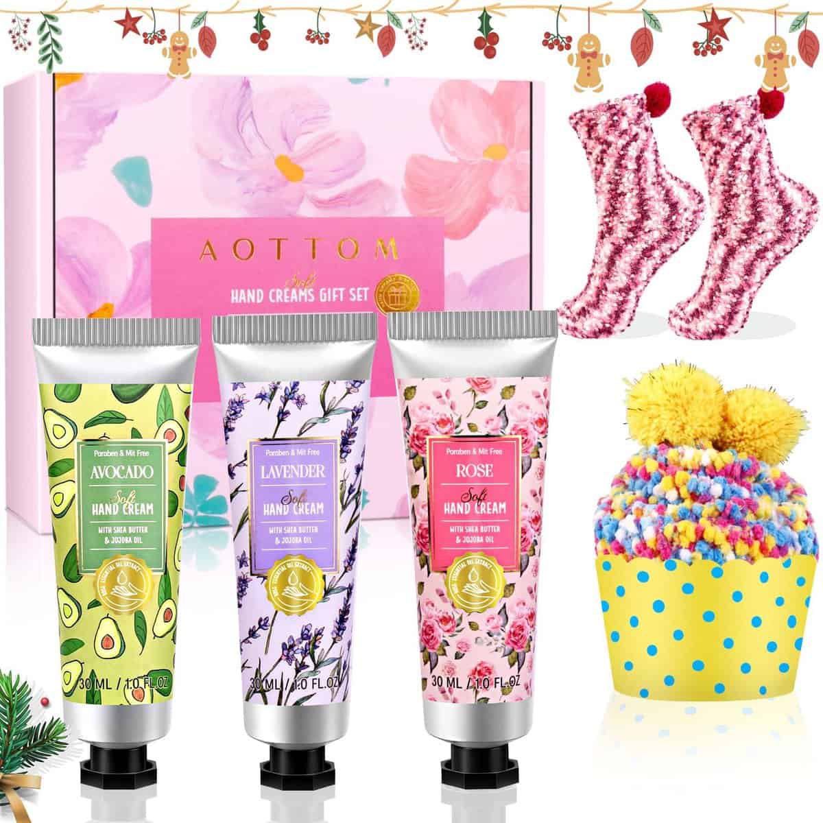 Regalos para Mujer Set Crema de Manos para Día de Madre, 3x30g Mini Crema de Manos 2Par Calcetines de Peluche Set Hidratante Cálido Regalo Navidad para Novia Mamá Cumpleaños Aniversario San Valentín