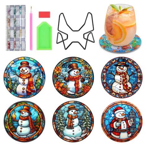 Set de 6 posavasos de muñeco de nieve con pintura de diamantes y soporte; regalo perfecto para casa, hogar y cocina en Navidad.