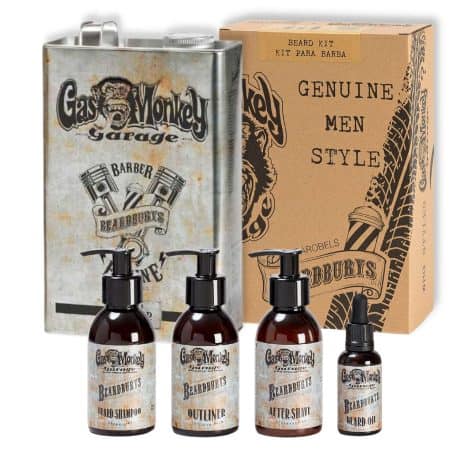 Kit especial para hombres: Beardburys & Gas Monkey – Edición limitada, cuidado completo de la barba. Incluye champú, outliner, after shave y sérum. ¡Con lata metálica exclusiva!