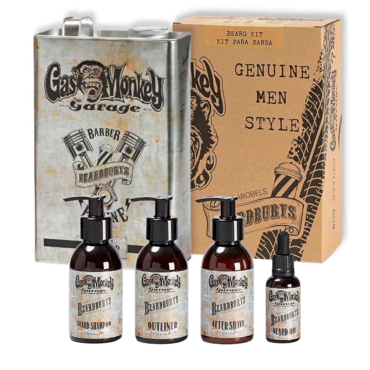 Beardburys & Gas Monkey - Kit de Edición Limitada, Regalo para Hombre, Rutina de Cuidado de Barba (Champú Barba, Outliner, After Shave y Sérum Barba) + Lata Metálica Exclusiva Gas Monkey & Beardburys