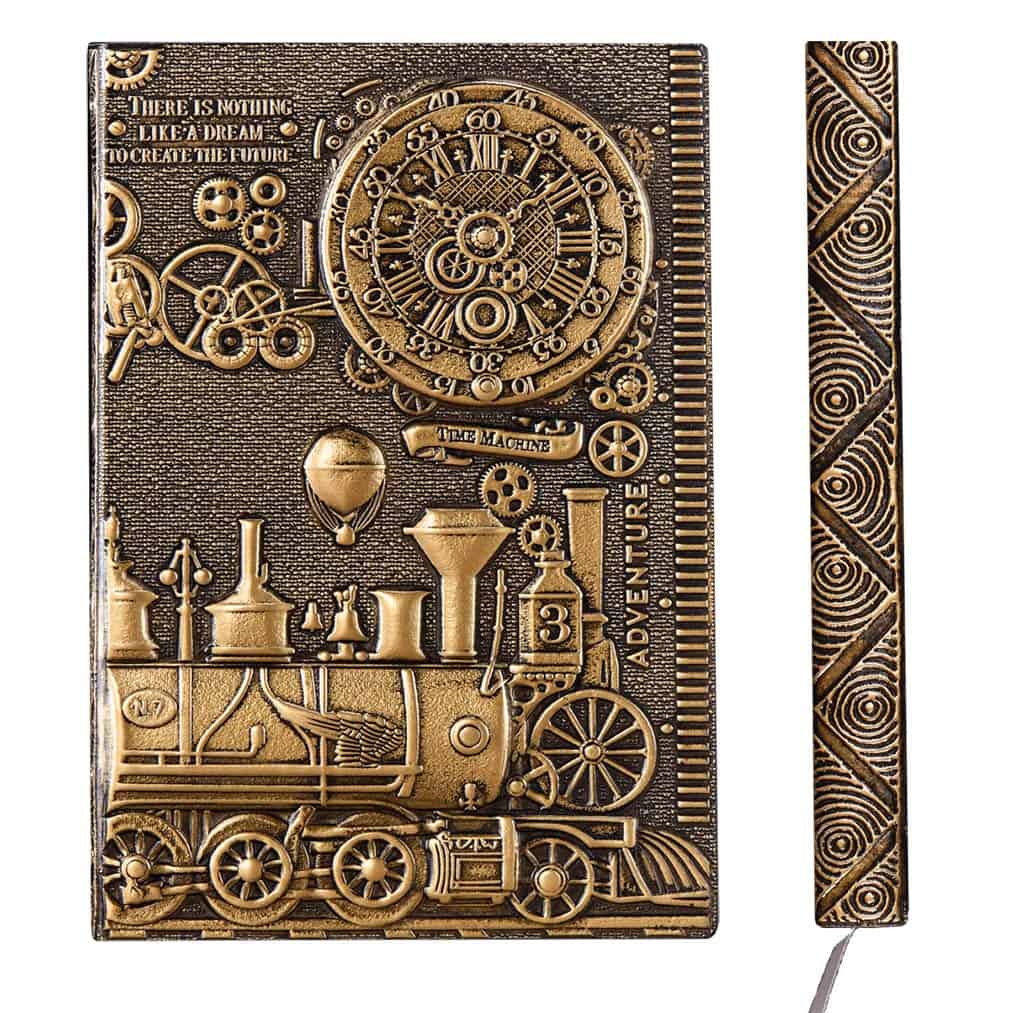 YHH Cuaderno A5 Rayas Tapa Dura, en Relieve, Hecho a mano, 200 Páginas, Libretas Bonitas, Diario de Viaje Cuero, Vintage Journal Notebook, Regalo Aniversario Mujer Hombre Pareja, tren3d Bronce