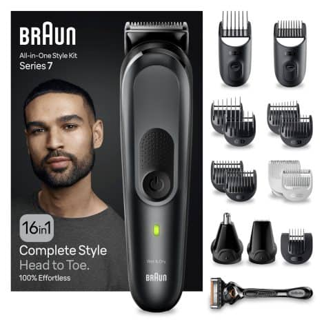 Kit de cuidado personal completo Braun 16 en 1 Serie 7, perfecto para hombre, con herramientas de afeitado y regalos, enchufe.