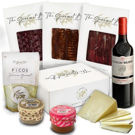 Selección Gourmet en Caja | Deliciosa Cesta con Jamón, Salchichón y Chorizo de bellota, Queso de Oveja, Patés de Boletus y Morcilla, Picos Artesanos y Vino Ramon Bilbao.