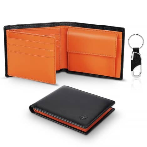 Billetera TEEHON para hombre, con bloqueo RFID, 10 ranuras, 2 compartimentos para billetes, bolsillo monedero, llavero y regalo caja – Naranja Negro.