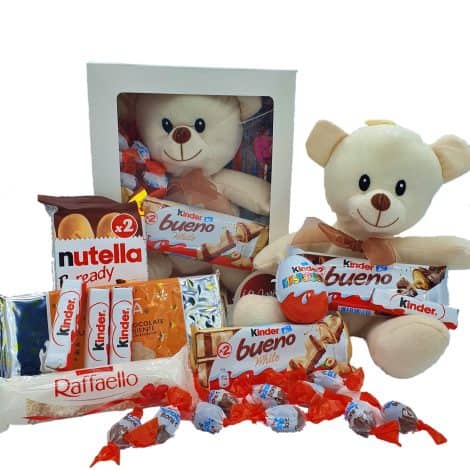 Caja de regalo con Kinder Chocolate, Nutella y Raffaello, incluye osito de peluche. Regalo original para aniversarios y San Valentín. [IAMI] (Osito Blanco)