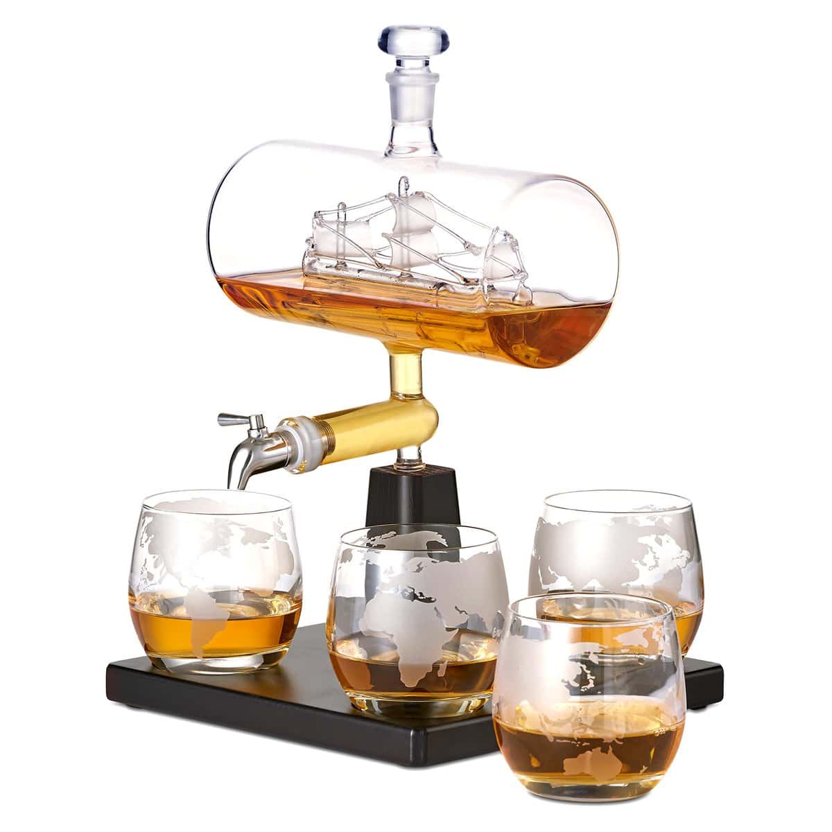 Juego Decantador De Whisky mas Set de 4 Vasos - Decantador Aireador para Bebidas Espirituosas Ideal para Ocasiones Especiales - Capacidad de 1 Litro