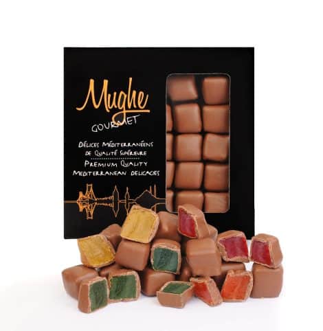 Deliciosas golosinas turcas con chocolate en una caja de regalo elegante, lata de 300 g, 25 piezas. MUGHE GOURMET.