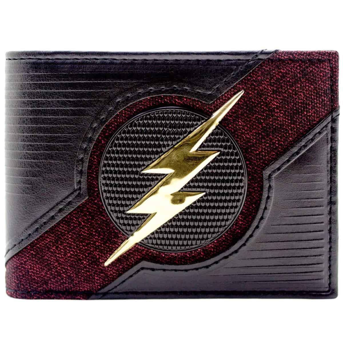 DC Flash Emblema de Rayo Dorado Traje Texturado Billetera/Cartera Bi-Fold ID & Tarjetero, Negro