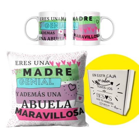 SET REGALO MADRE CUMPLEAÑOS: Taza y cojín, regalo original para mamá o abuela. (Rosa)