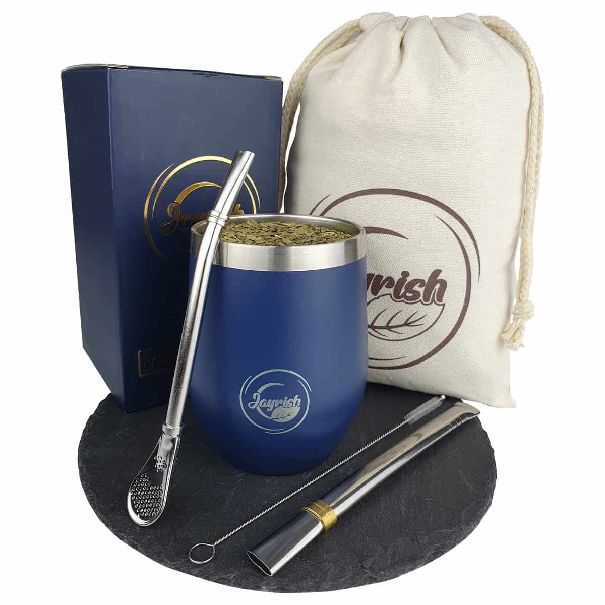 Kit de Yerba Maté completo, 1 calebassa (taza), 2 bombillas (brillante), 1 cepillo y 1 bolsa, este estuche es una hermosa idea de regalo original para Navidad o cumpleaños (hombre , mujer).