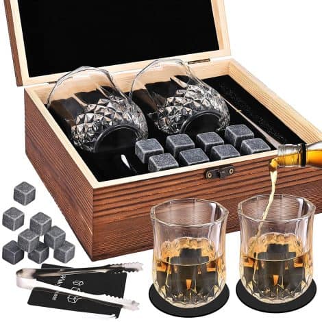 Conjunto de regalo de whisky GOLDGE: Incluye 2 vasos, piedras de whisky, pinzas, posavasos y más.