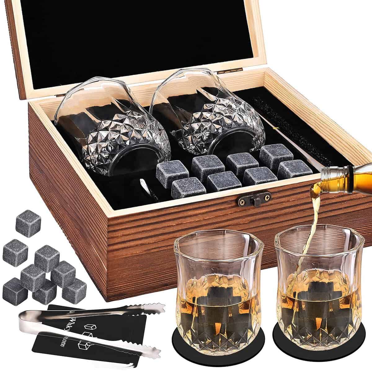 GOLDGE Juego de Regalo de Vaso de Whisky, Whisky Piedras Set con 2 Vasos para Whisky, Juego de pinzas, Posavasos, Piedras y Vasos para Whisky