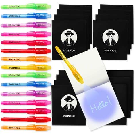 Pack de 16 bolígrafos con tinta invisible y libreta BONNYCO, perfecto para regalos de cumpleaños, comuniones y bodas.