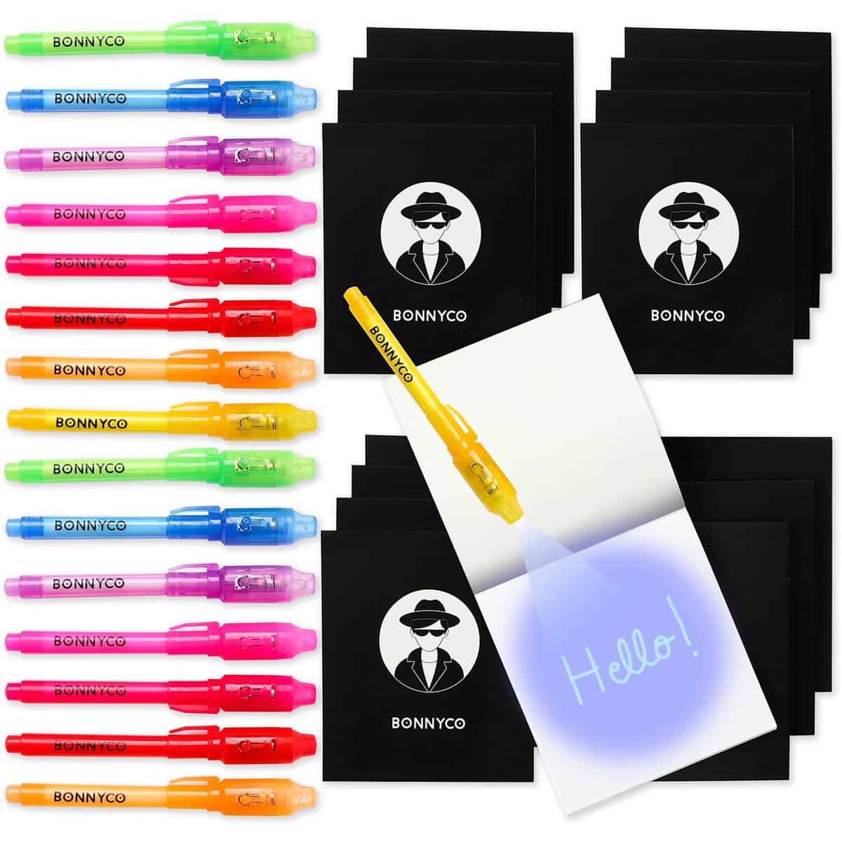 BONNYCO Bolígrafo Tinta Invisible y Libreta Pack x 16 Ideal como Regalos Cumpleaños Niños Colegio, Detalles Cumpleaños Infantiles o Relleno Piñata | Regalos para Niños en Comunión y Boda