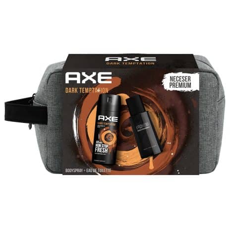 Pack de aseo masculino AXE Dark Temptation con desodorante BodySpray de 150 ml y Eau de Toilette de 100 ml. Incluye bolsa de aseo.