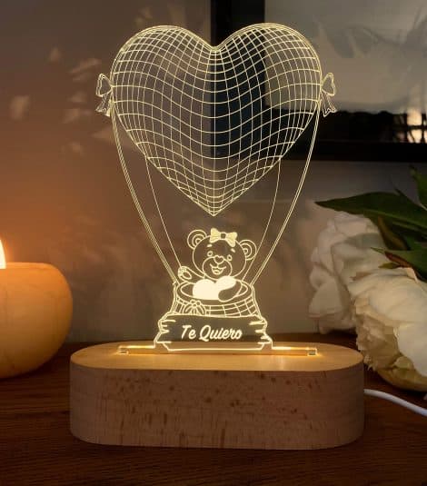 Lámpara Regalo Personalizada con Globo de Corazón y Oso. Luz LED. Ideas Originales San Valentín, Aniversario, Cumpleaños. Regalos Personalizados mujer/hombre. Novios y Parejas.