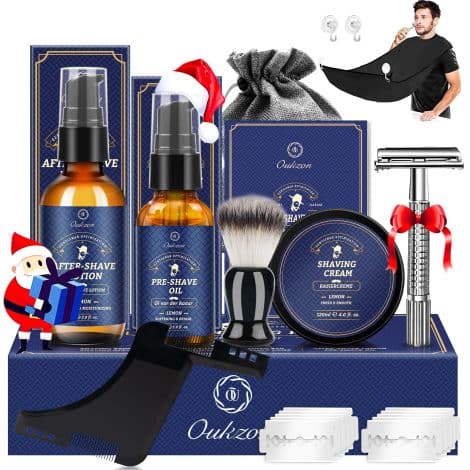 Conjunto de cuidado para barba masculina Oukzon, con aceite, crema, loción, cepillo, peine, babero, afeitadora clásica y 10 hojas; ideal como regalo para papá y novio.