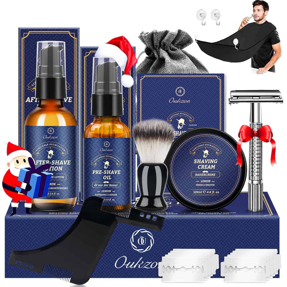 Oukzon Kit Barba Cuidado Barba Hombre, Set Afeitado Hombre con Aceite Barba, Crema de Afeitar, Loción de Cuidado, Cepillo, Peine, Babero, Afeitadora Clásica y 10 Hojas, Mejor Regalos para Papa y Novio