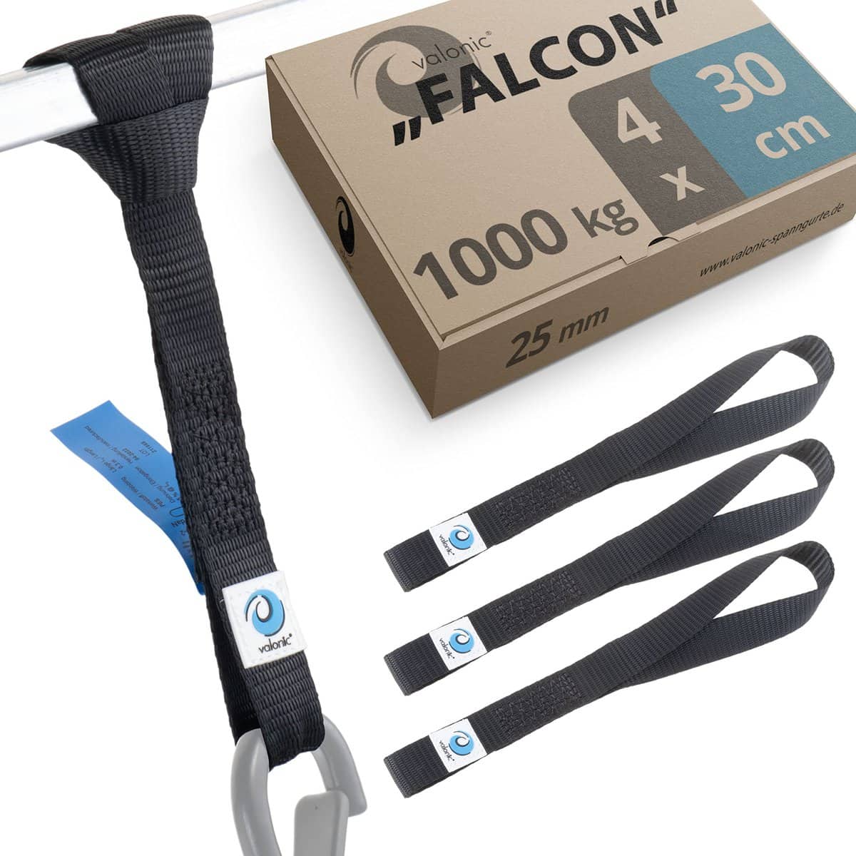 valonic Falcon - cinchas de Amarre pequeñas - 1000 kg, 30cm, 4 Piezas, 25mm de Ancho, EN-12195-2, Negro - cincha para Moto, Correas portabicicletas