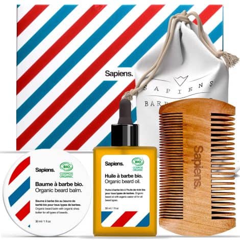 Caja de Regalo para Hombres con Kit de Cuidado de Barba de Viaje: Aceite y Bálsamo Orgánicos, Peine y Bolsa de Tela.