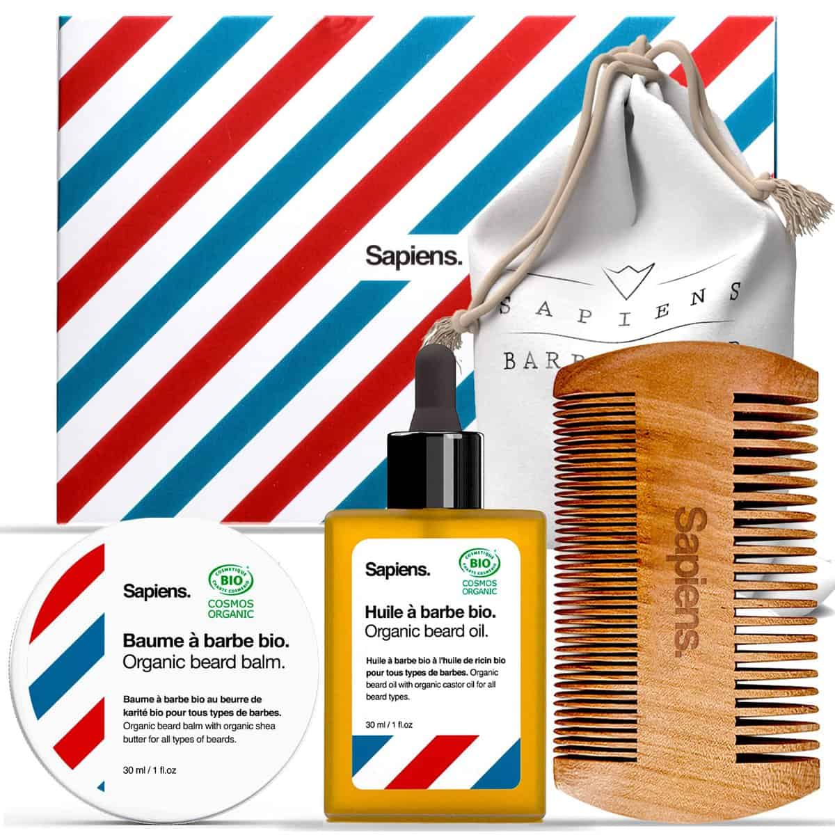 Caja de Regalo Hombre Sapiens - Kit de Cuidado Barba forma de viaje - Aceite Barba Orgánico con Ricino 30ml, Bálsamo Barba Orgánico 30ml, Peine Barba, Bolsa de Tela - Regalo para Hombres