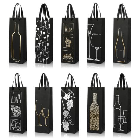 Bolsas de regalo elegantes para botellas de vino, champán y más, pack de 10 unidades, tamaño 32,5 x 11 x 9 cm, color negro.