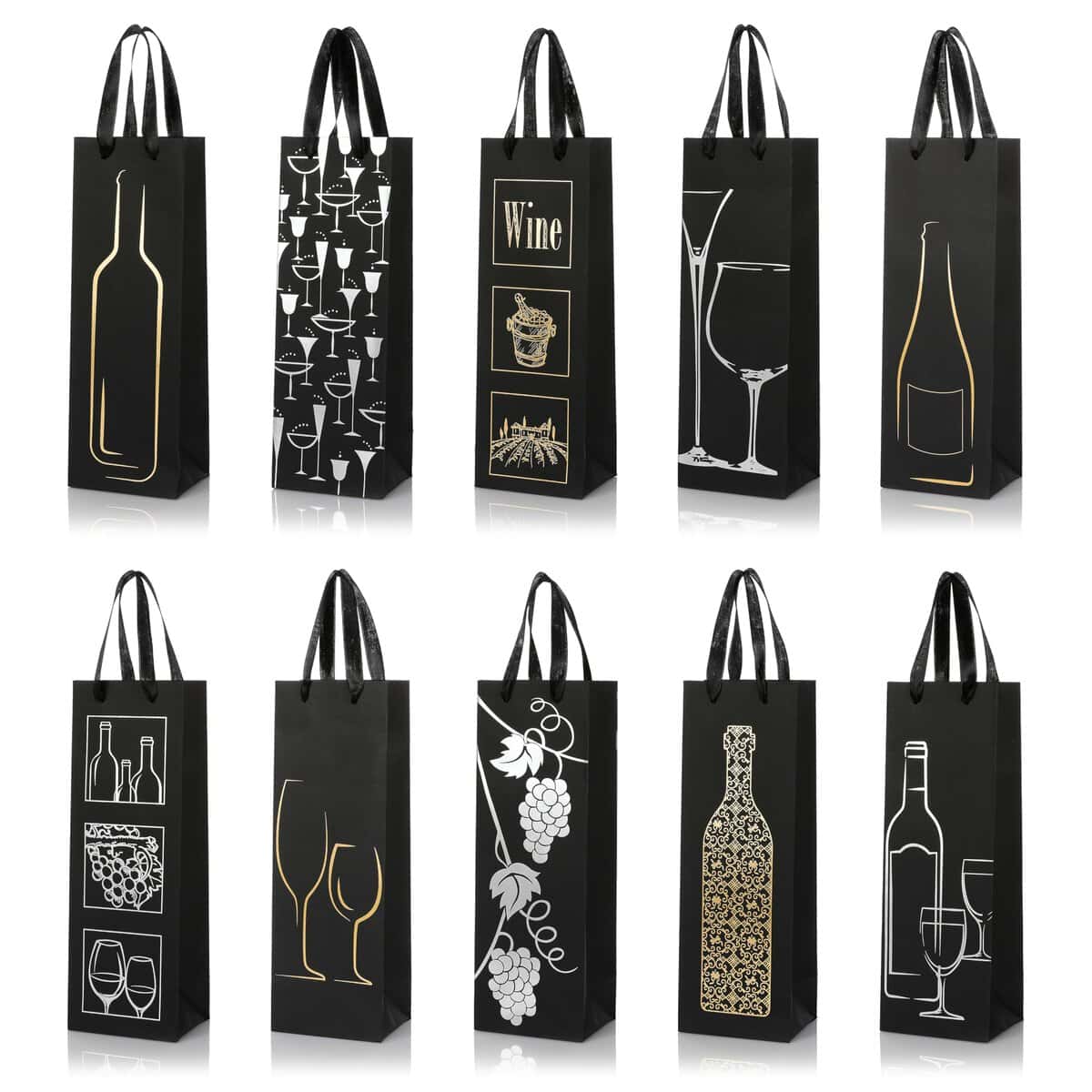 Van Henry Bolsas de regalo para botellas, paquete de 10 unidades, elegantes bolsas de regalo para botellas de vino, champán, champán y más, 32,5 x 11 x 9 cm, negro, Bolsa para botellas