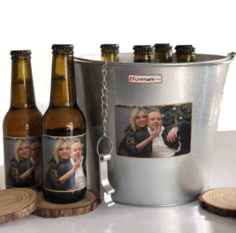 Conjunto personalizado de 6 cervezas Majami con cubo enfriador y abrebotellas, ideal para regalos en eventos especiales.