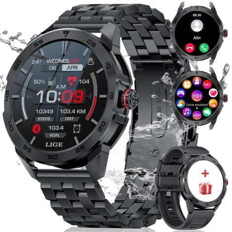 Smartwatch para hombres con llamadas, pantalla de 1,39″, múltiples modos deportivos, batería de 400 mAh, monitor de ritmo cardíaco y sueño, resistente al agua, para Android e iOS.