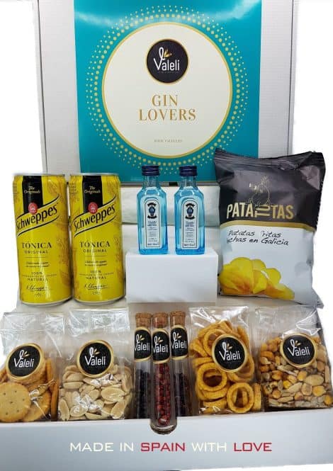 Valeli, Cesta de Regalo Gourmet: 2 miniaturas de Gin Bombay Sapphire 5cl, kit de botánicos para ginebra, 2 tónicas 33cl, aperitivo de frutos secos y snacks. Perfecto regalo para él, ella, cumpleaños, Navidad o San Valentín.