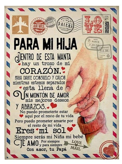 Manta personalizada de franela con letras suaves “Papá alienta y ama para Mi Hija”. Ideal como regalo de cumpleaños o Navidad.