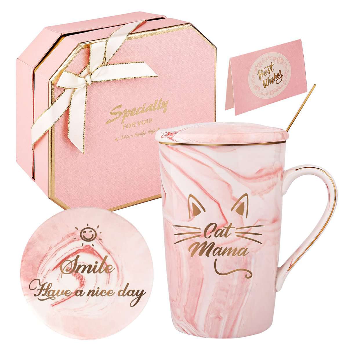 DONGSHANGIFT Taza Mamá Gato Novedad Taza Gato Regalos de gato para los amantes del gato Regalos de Cumpleaños para Mama Gato de Hija Hijo 420ML con Caja de Regalo(rosa-mamá gata)