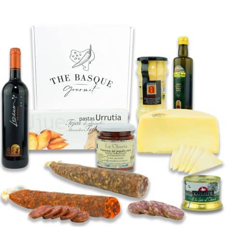 Gourmet vasco: Cesta regalo con productos exquisitos de Euskal Herria – Queso Idiazabal, Pate, Chorizo, Espárragos Navarra, Pimientos Piquillo… – LOTE 3.