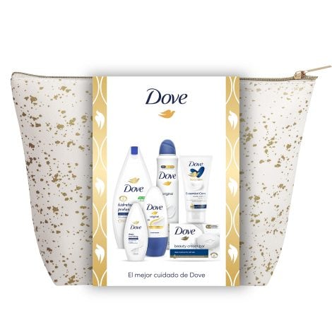 Set de Baño Dove, Ideal para Mujer con Bolsa de Aseo, en Elegante Color Blanco.