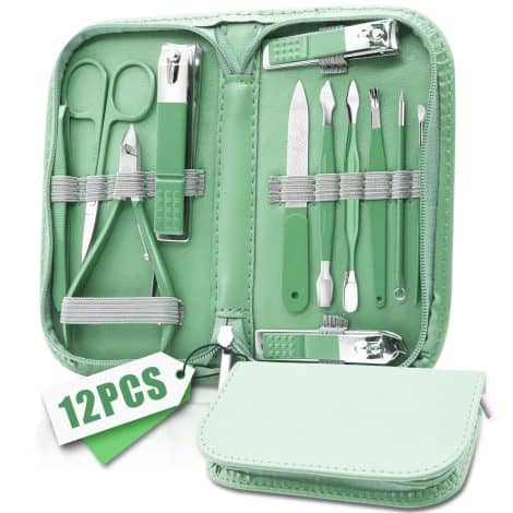 Set de uñas profesional BLESWIN para pies y manos, kit de cortauñas 12 en 1 con bolsa de viaje verde.