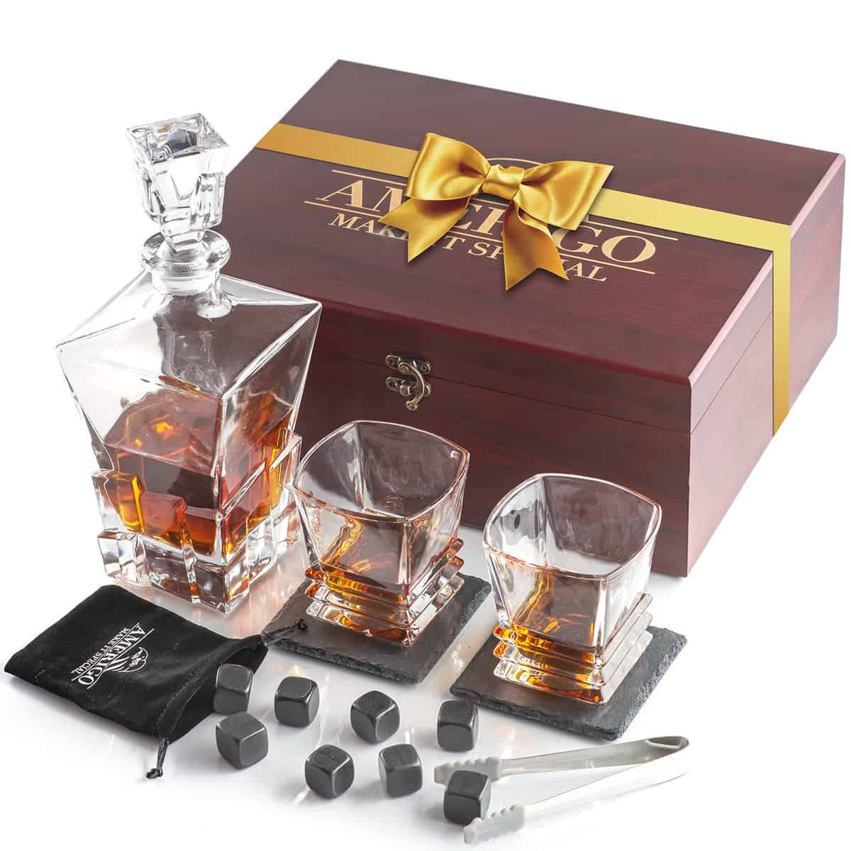 AMERIGO Juego de Regalo de Piedras de Whisky de Lujo, Juego de decantador de Whisky + 2 Vasos de Whisky + 8 Cubitos de Hielo Reutilizables y 2 Posavasos de Pizarra, Regalos de Whisky para Hombres,