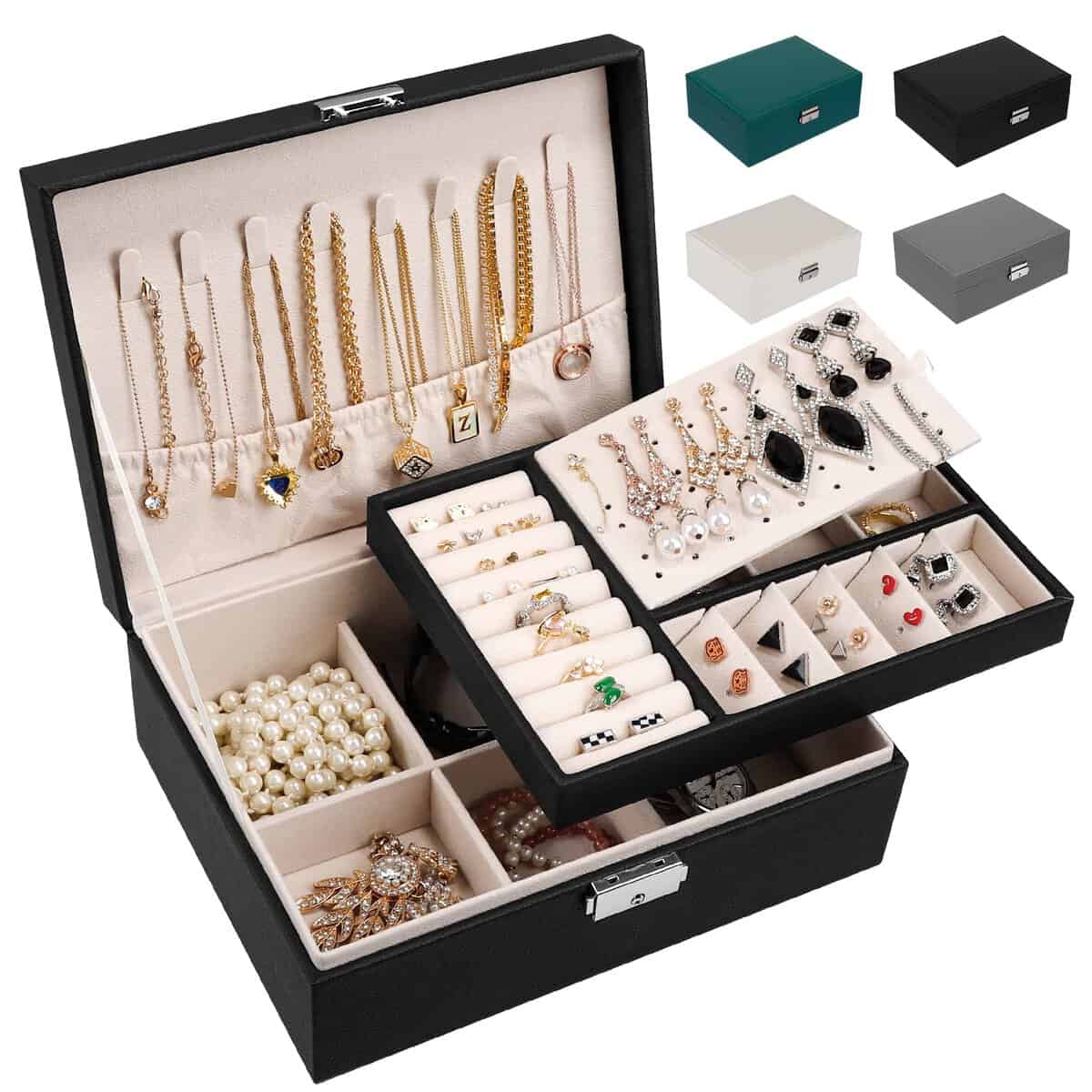 LUZOON Joyeros Mujer Organizador, 2 Capas Caja de Joyería Organizador Joyas Cuero PU, Grande Caja Joyero Niña para Anillos, Pendientes, Collares, con Cerradura-Negro