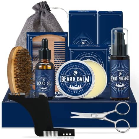 Kit de aseo masculino 11 en 1 de Beesjuy: incluye champú, acondicionador, aceite, bálsamo, peine, cepillo, tijera y bolsa de almacenamiento.-