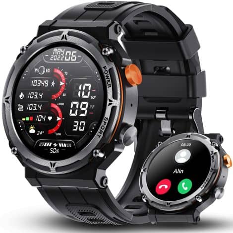 Smartwatch hombre con llamadas Bluetooth, pantalla de 1.39″, funciones de salud y deportivas variadas, impermeable IP68. Compatible con Android e iOS.