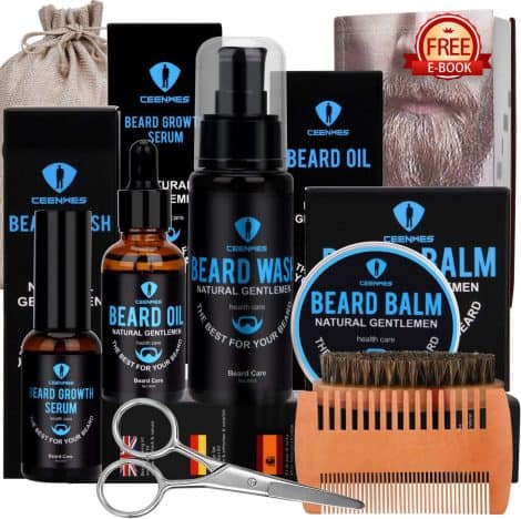 Conjunto de cuidado de barba para hombres con aceite, suero, bálsamo, peine y kit de cuidado.