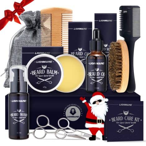 Kit de cuidado de barba para hombres, regalos originales, Lionmane, completo con champú, peine de afeitar, cepillo, aceite, bálsamo, tijeras, bolsa de lona. Ideal para regalar.