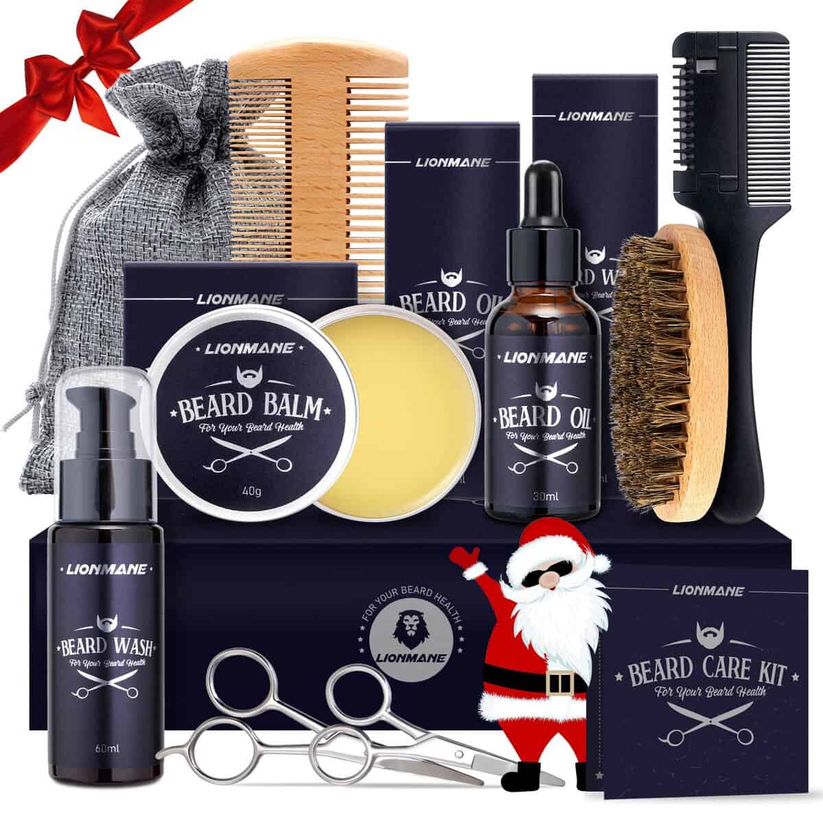 Kit Barba Cuidado para Hombres, Regalos Originales para Hombre, Lionmane Navidad Kit Barba Hombre, Champú, Peine de Afeitar, Peine, Cepillo, Aceite, Balsamo, Tijeras, Bolsa de lona, Regalos Hombres