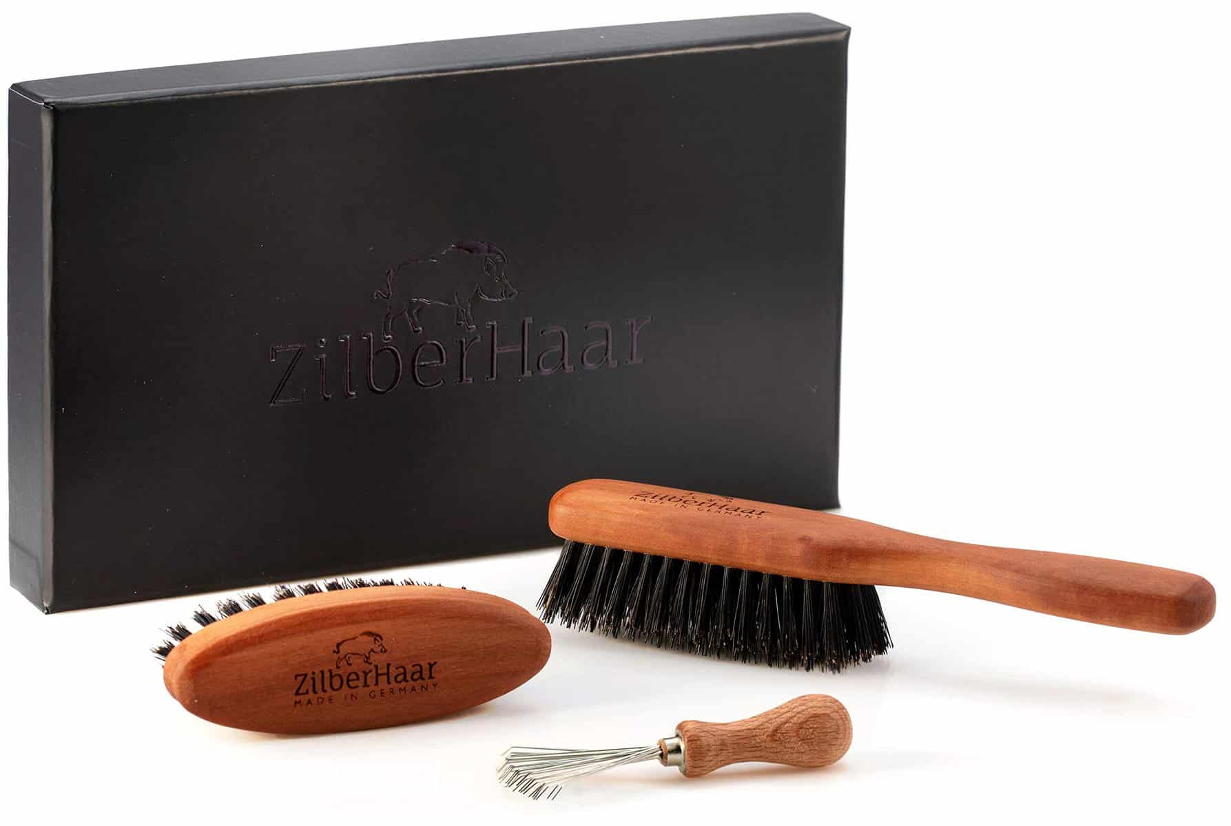 ZilberHaar - Kit para el cuidado de la barba - 1 cepillo para barba + 1 cepillo de bolsillo + 1 accesorio de limpieza - 100% Cerdas de jabalí auténtico - Set de regalo para hombre, Cuidado Facial