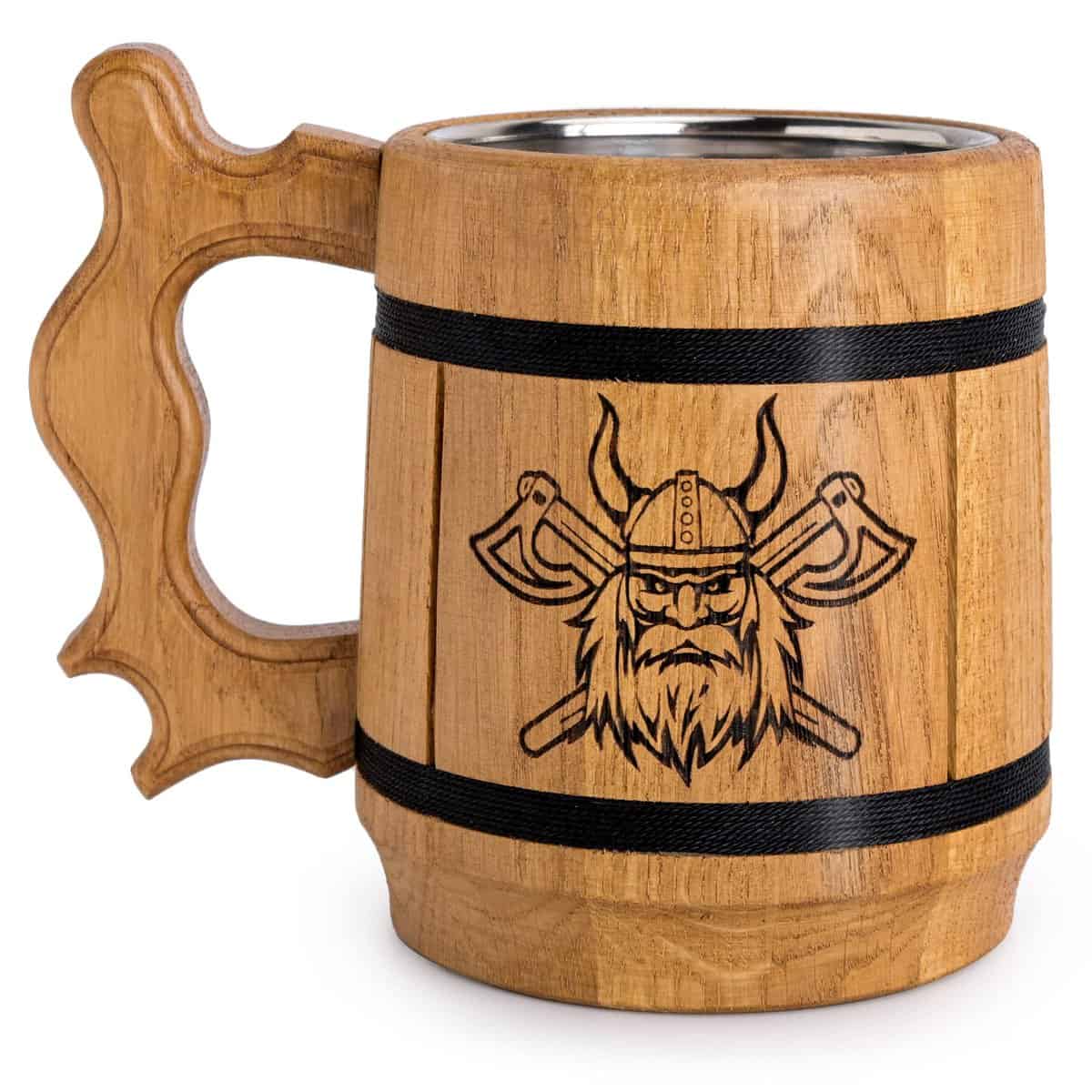 TESLYAR Jarra de cerveza Vikinga hecha a mano de madera natural y de acero inoxidable para hombre 0.6 litros (20 onzas) | regalos para un padre | Día de San Valentín | Aniversario Día (Beige)