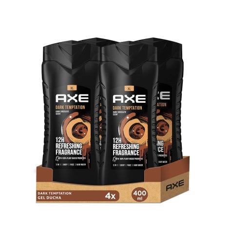 Axe Gel de Baño y Champú para Hombre Dark Temptation 3en1 400ml – Pack de 4.